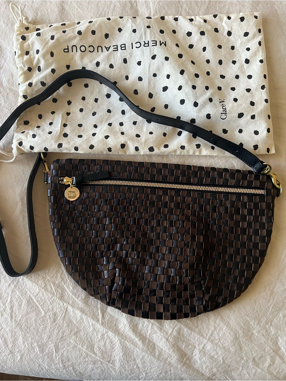 Clare V Woven Leather Crescent Crossbody Bag in Brown Suede and Black Leather